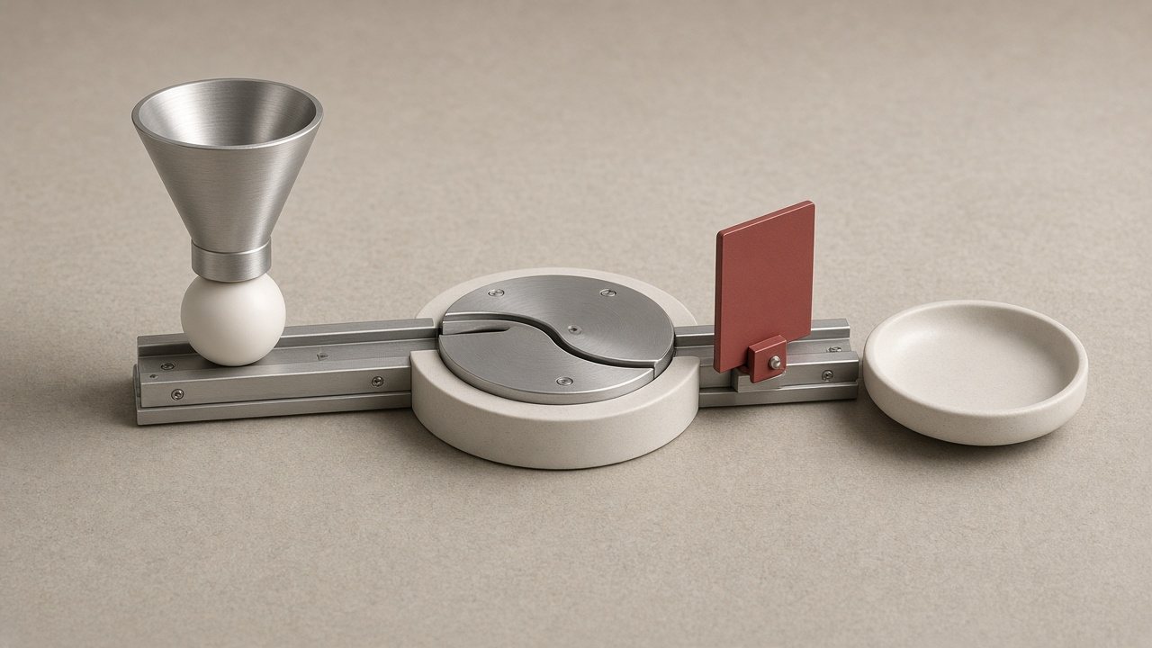 A brushed aluminium funnel, turntable diverter and ceramic dish on one track, with a red paddle gate closed before the dish