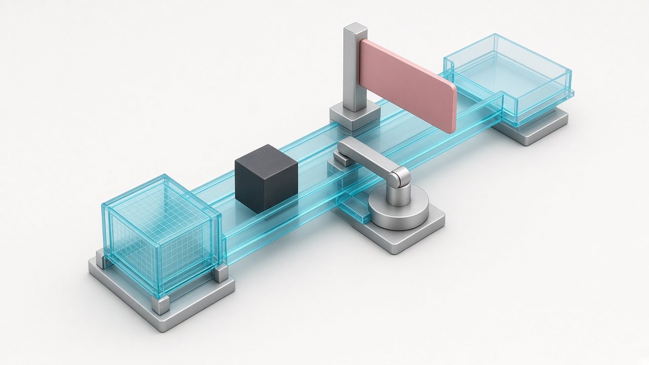 A small acrylic track mechanism where a token passes two processing stations before a closed pink barrier, with an empty tray beyond