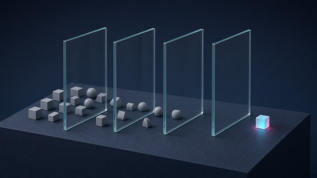 Four transparent glass gates on a dark surface, with fewer grey blocks after each gate and one glowing cube past the last