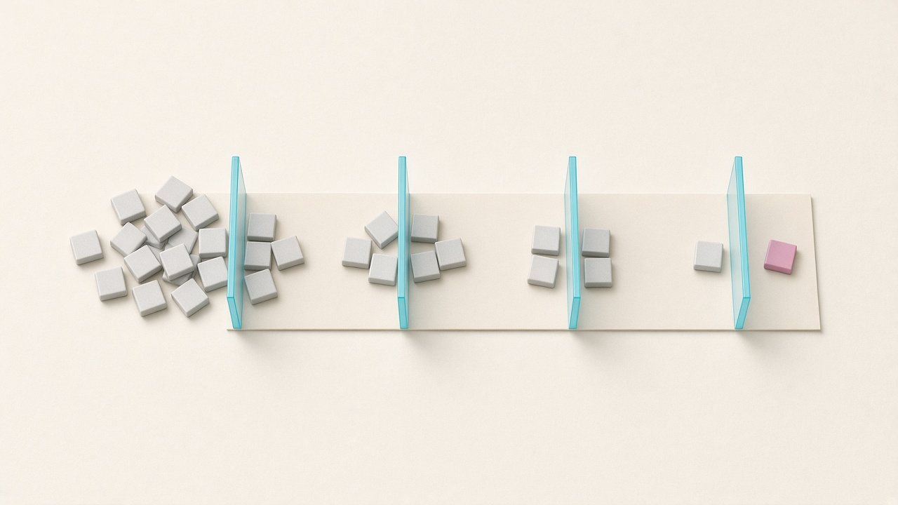 Top-down view of grey tiles thinning out across four glass gates, with a single pink tile in the final section