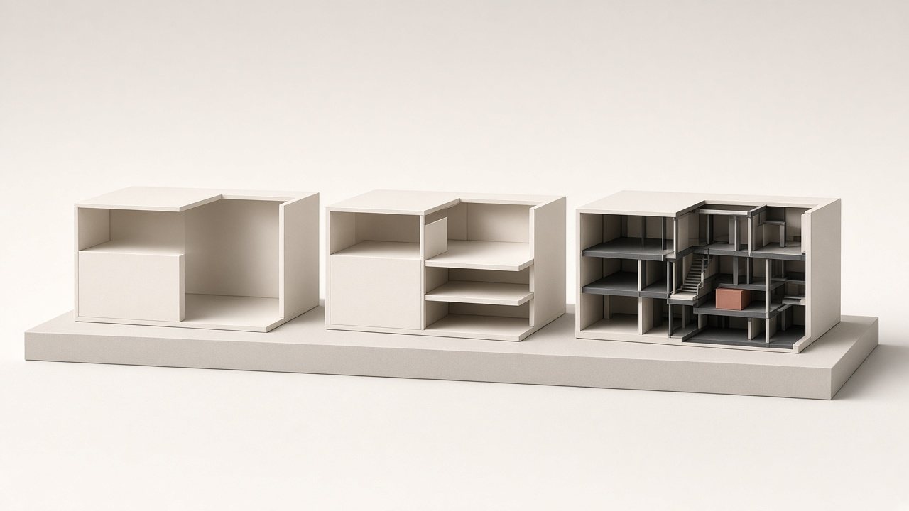 Three identical paperboard section models: one almost hollow, one with a few floors, and one with a complete internal structure