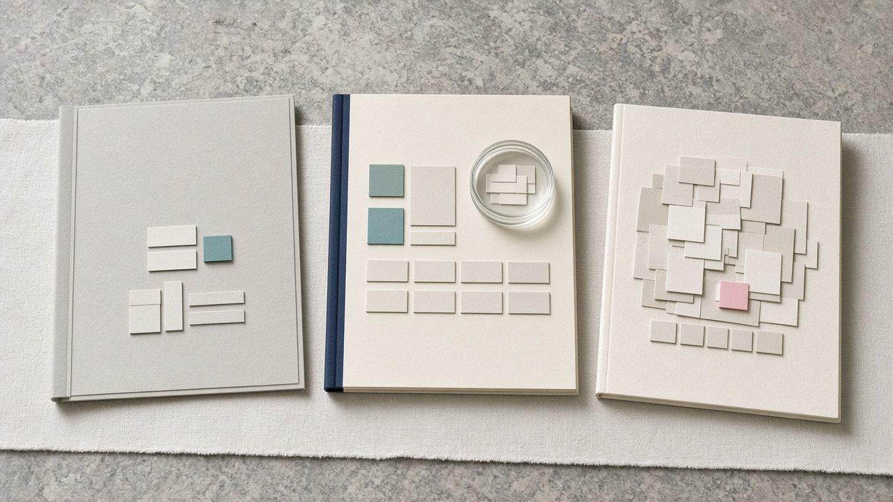 Three proposal folders side by side: one sparse, one neatly structured under a glass lens, one cluttered