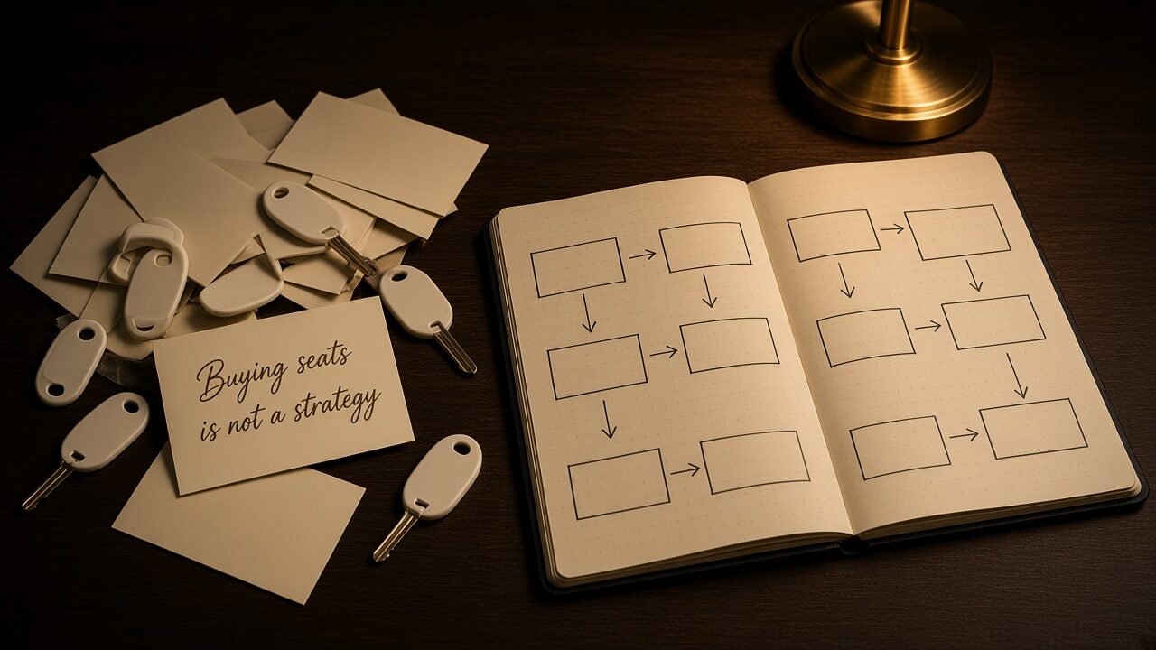 Scattered cards and plastic key tags, one card reading “Buying seats is not a strategy”, beside a notebook of box-and-arrow diagrams