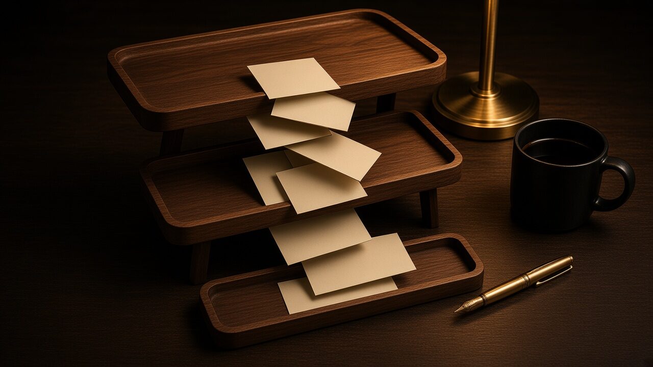 Paper slips cascading through stacked wooden trays like a funnel, beside a mug and a pen