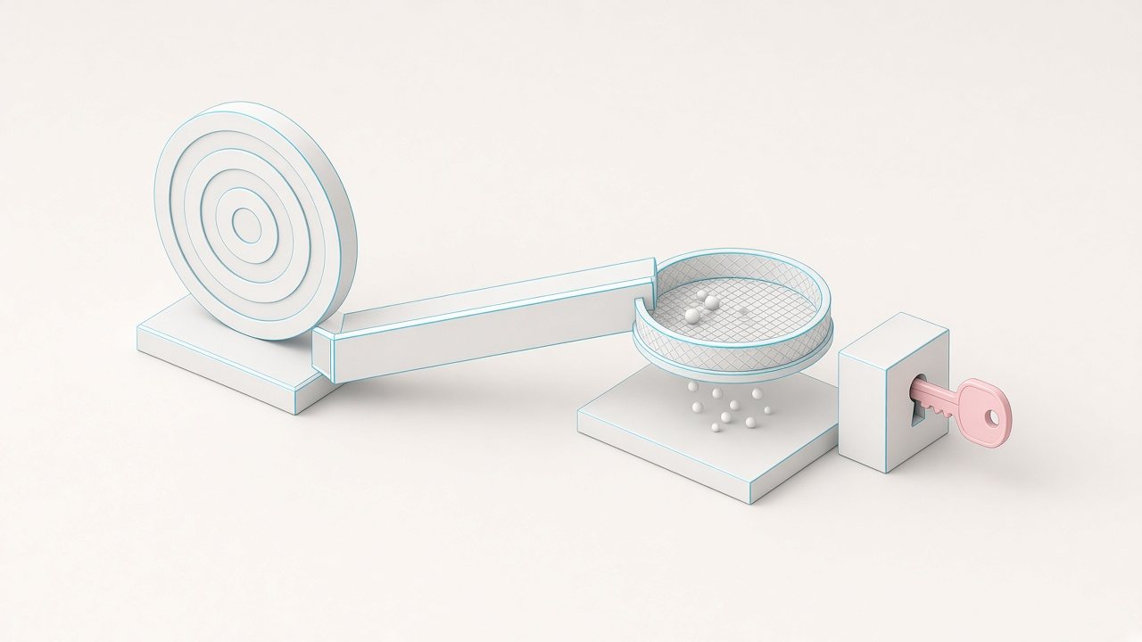 A target, a channel, a sieve and a key in a lock, arranged as one connected sequence