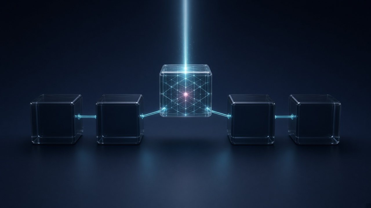 Five connected glass blocks in a row, with the middle block lifted under a narrow beam that reveals its internal structure