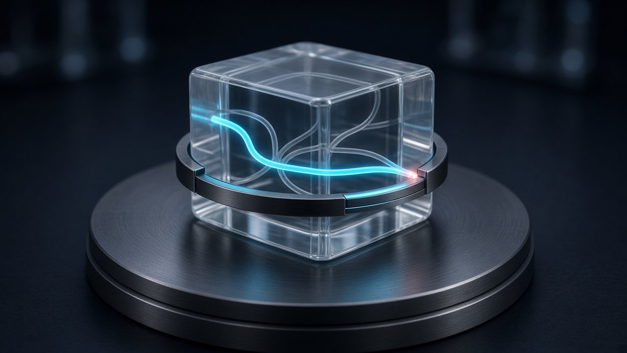 A clear glass block inside a metal inspection ring, with one of its internal pathways lit cyan