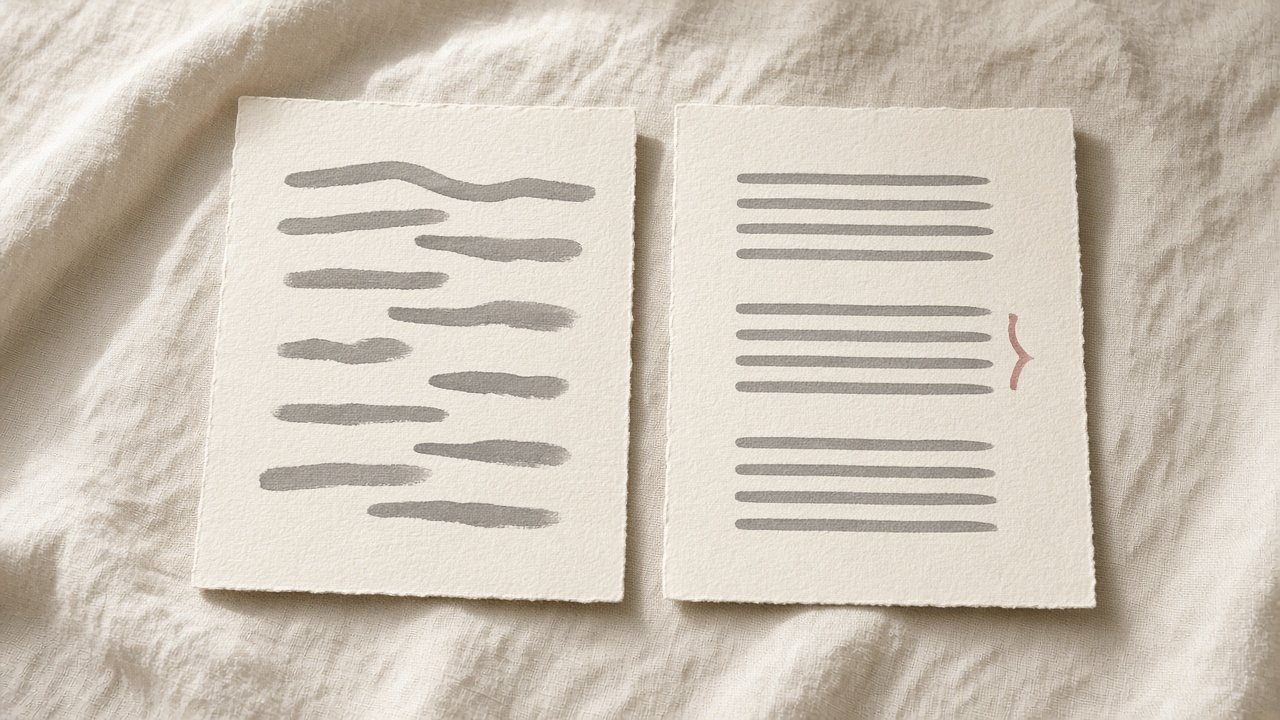 Two cream sheets on linen in daylight: a rough draft of uneven grey strokes beside a neatly spaced version marked with one rose-red bracket