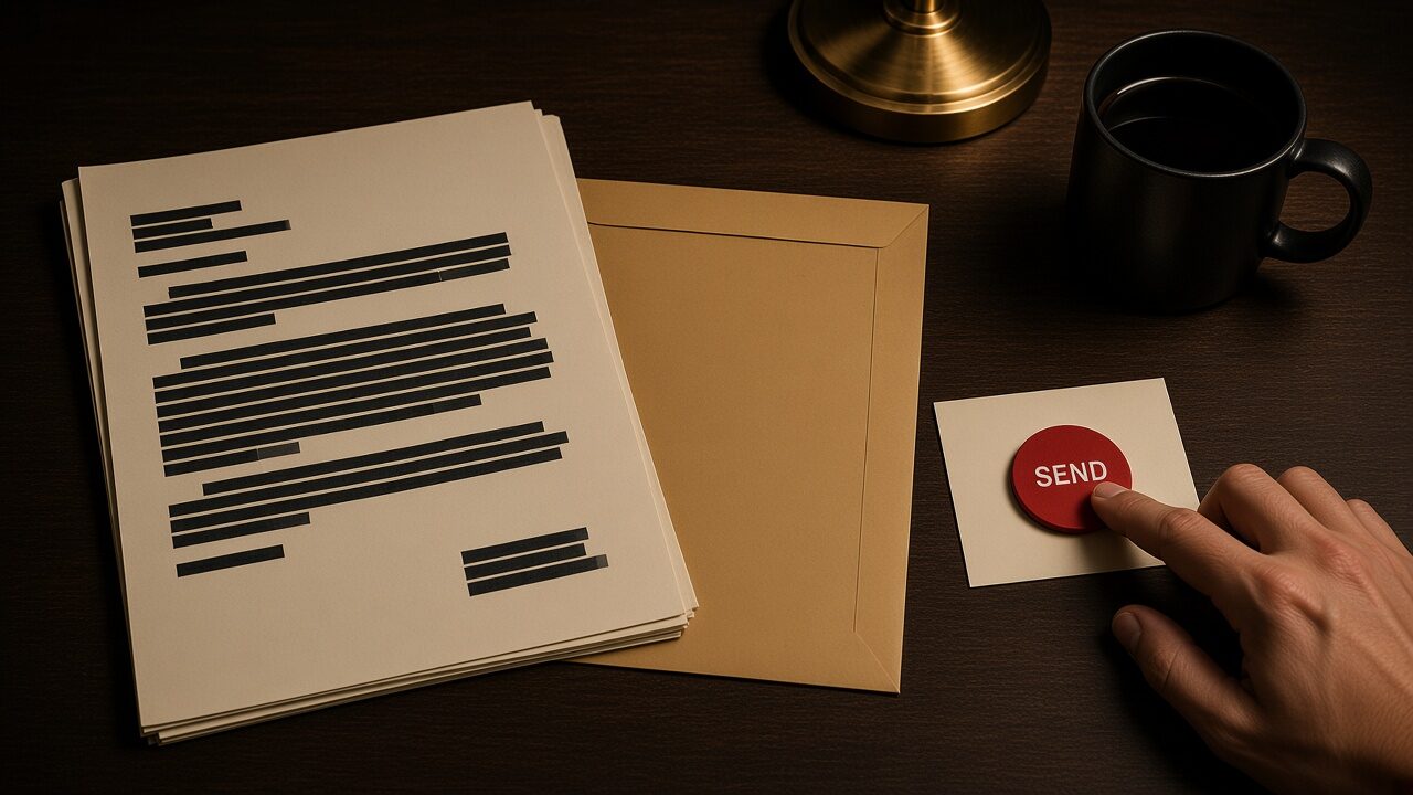 A redacted document and envelope beside a finger pressing a red Send button — a person decides what gets sent
