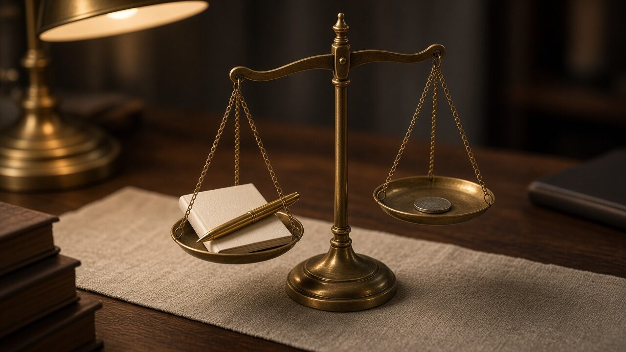 A brass balance scale on a desk with a folded paper on one pan