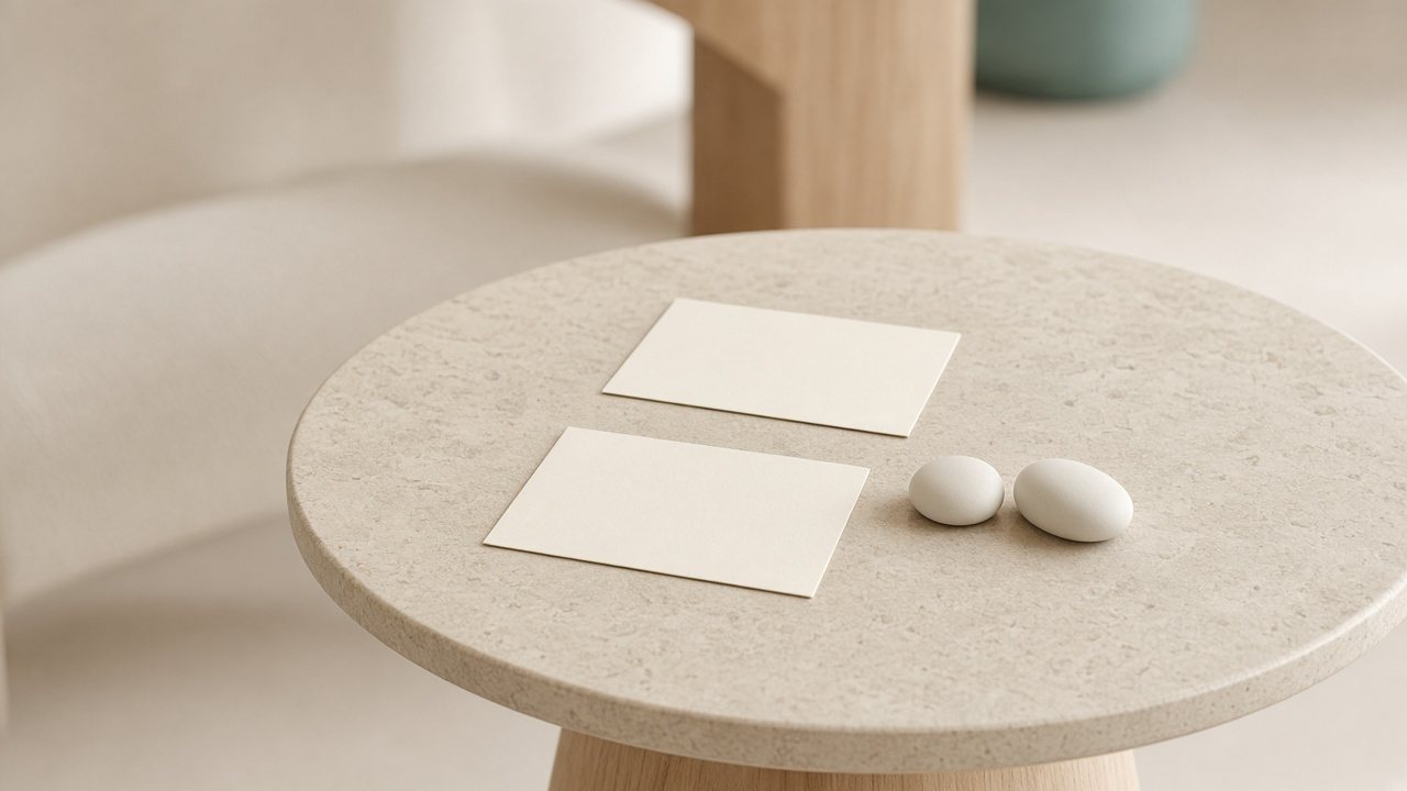 Two blank cards and a pair of white pebbles on a round stone café table