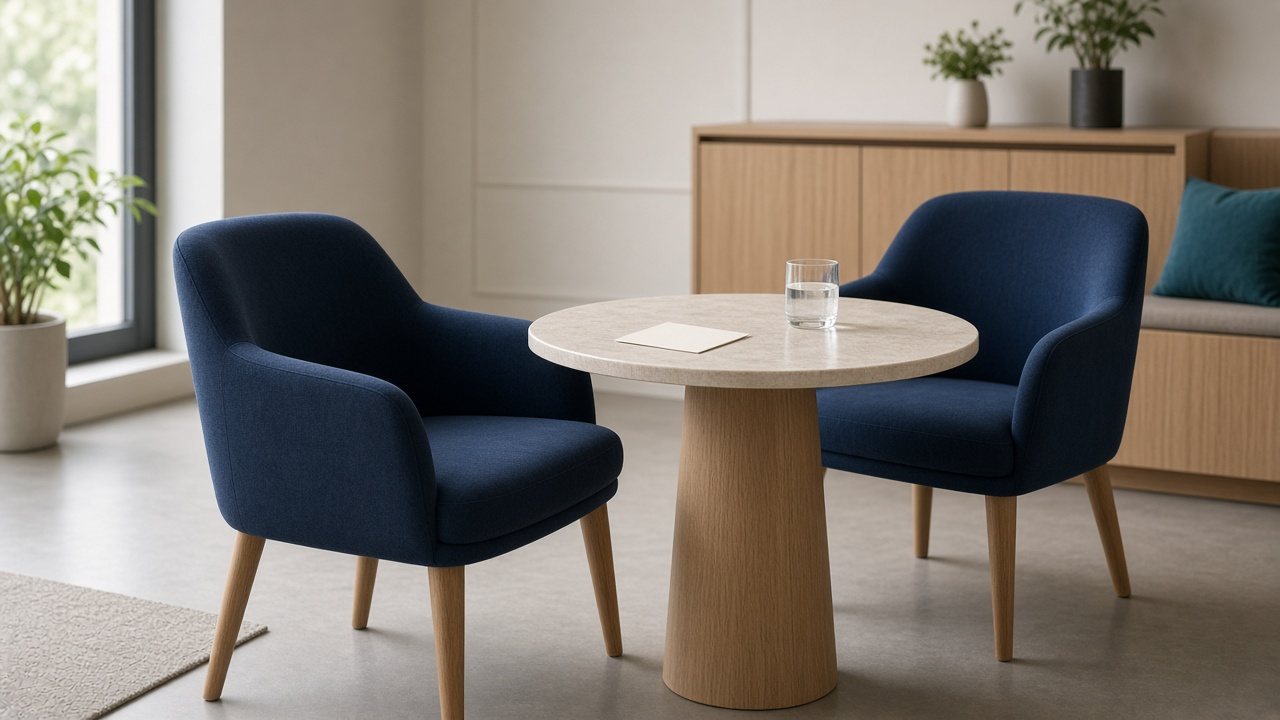 Two empty navy armchairs at a small round stone table, with a blank card placed toward the nearer chair