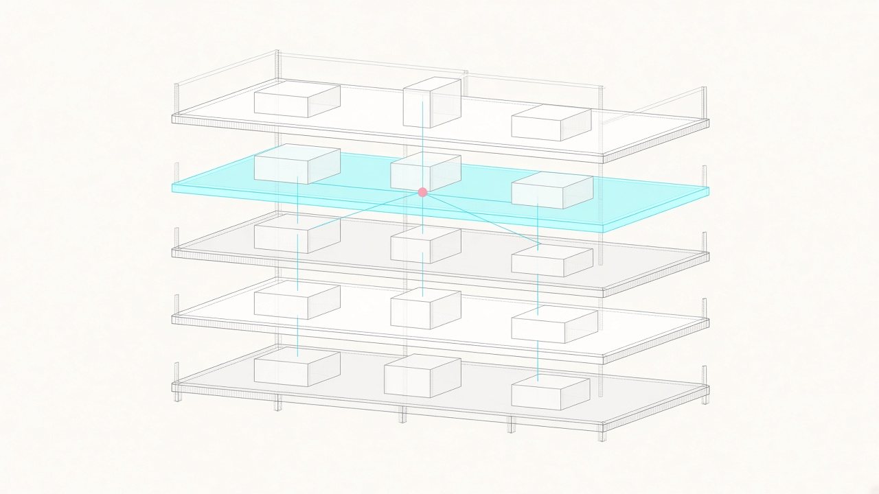 An exploded line-drawn model of five levels with small modules, one level lit cyan and linked to the others by thin lines