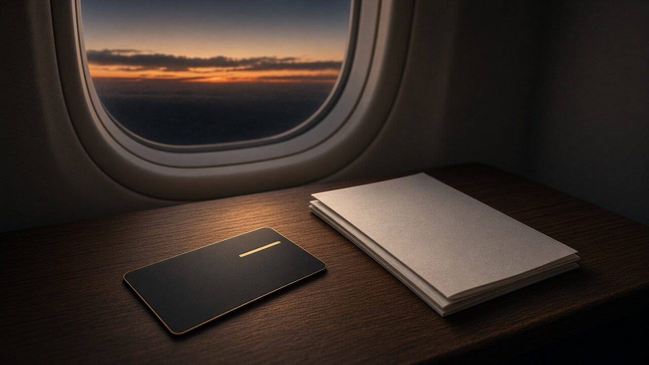 An aircraft window at sunset above a tray table with a notebook and a black folder