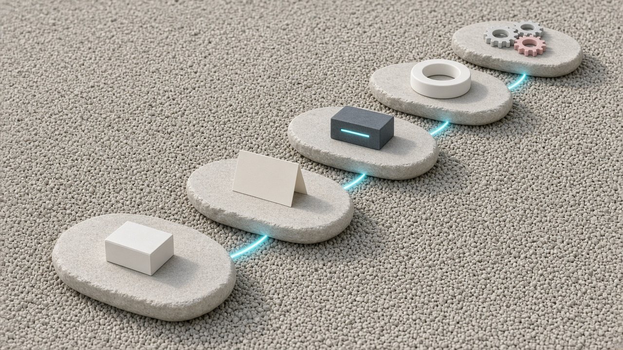 Five stepping stones on gravel linked by a cyan line, holding a box, a folded card, a lit module, a ring and gears