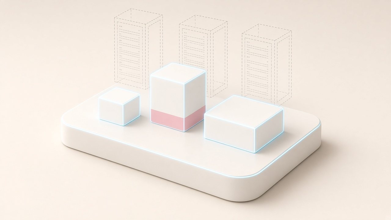 Three white product boxes of different sizes on a display base, with faint outlines of server racks behind them