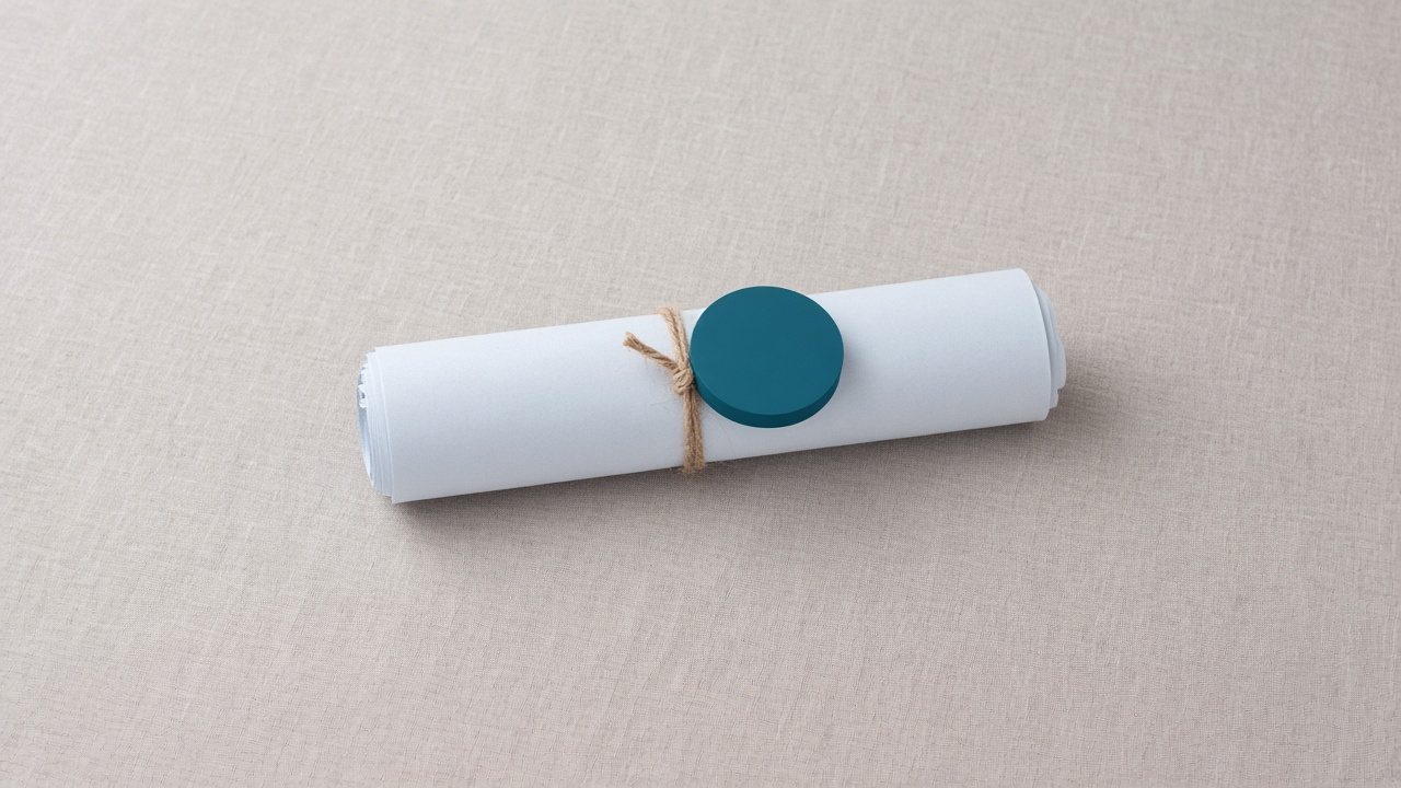 A single teal token resting on a rolled blueprint tied with twine