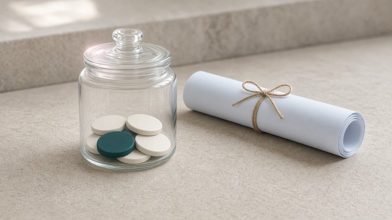 A glass jar holding a few blank tokens beside a rolled blueprint still tied with twine