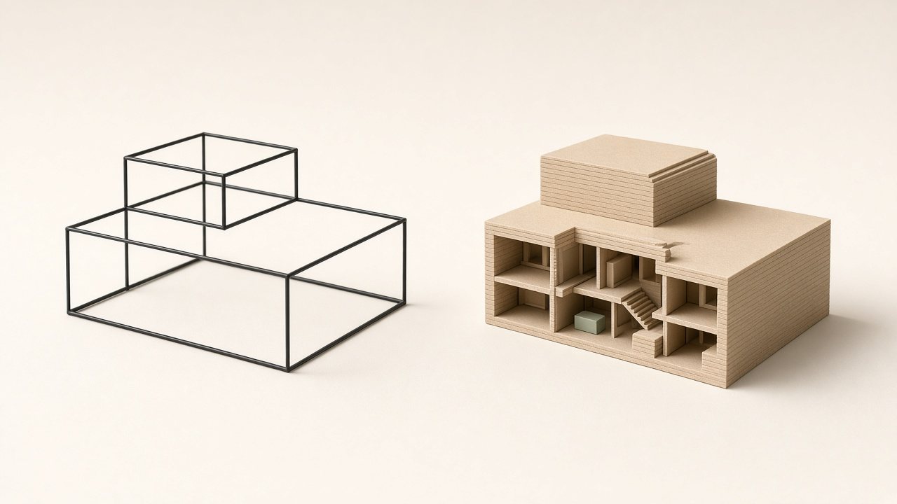 The same stepped form shown twice: a sparse black wireframe beside a detailed layered model with rooms and a small stair