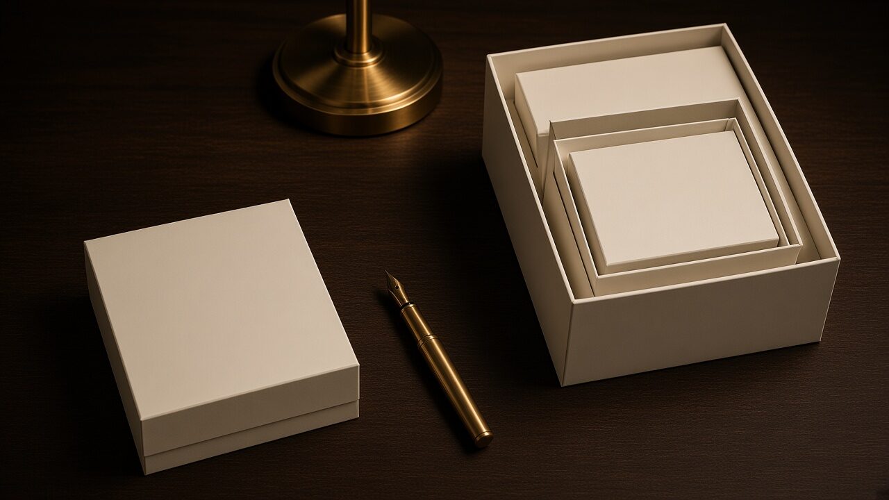 A closed white box and an open box of stacked cards beside a pen