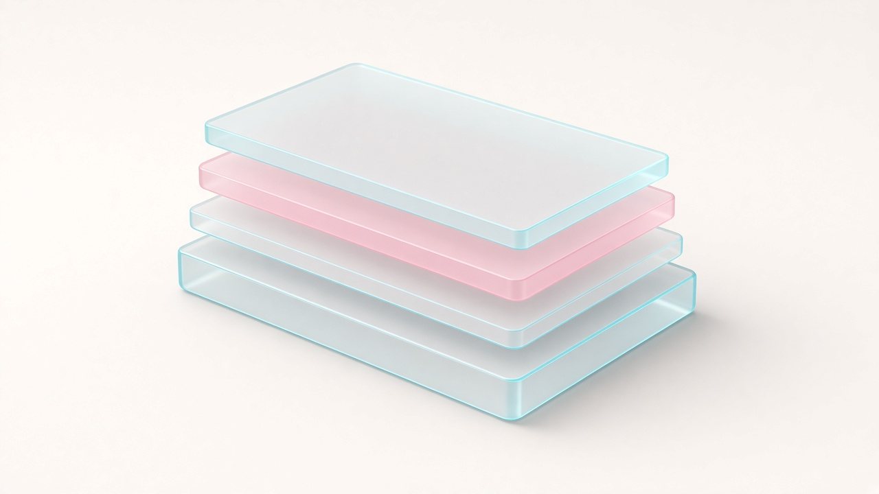 A stack of four translucent layers of different thicknesses, one tinted pink