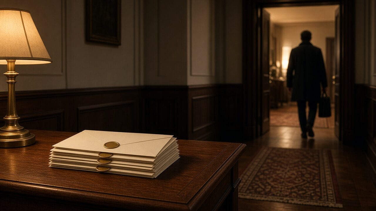 A stack of sealed envelopes on a hall table while a silhouetted figure walks through a lit doorway