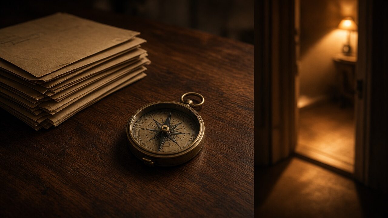 A stack of envelopes and a brass compass on a desk beside an open doorway