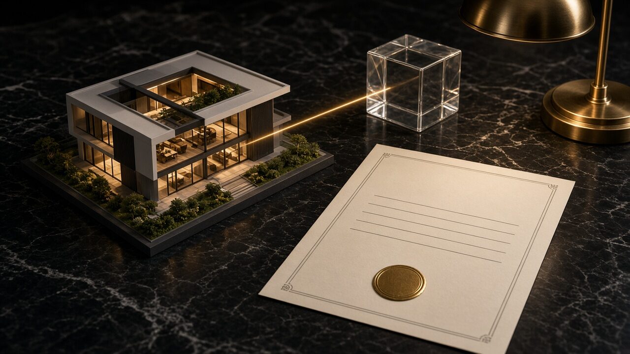 An architectural building model, a certificate with a gold seal and a glass cube on a marble desk