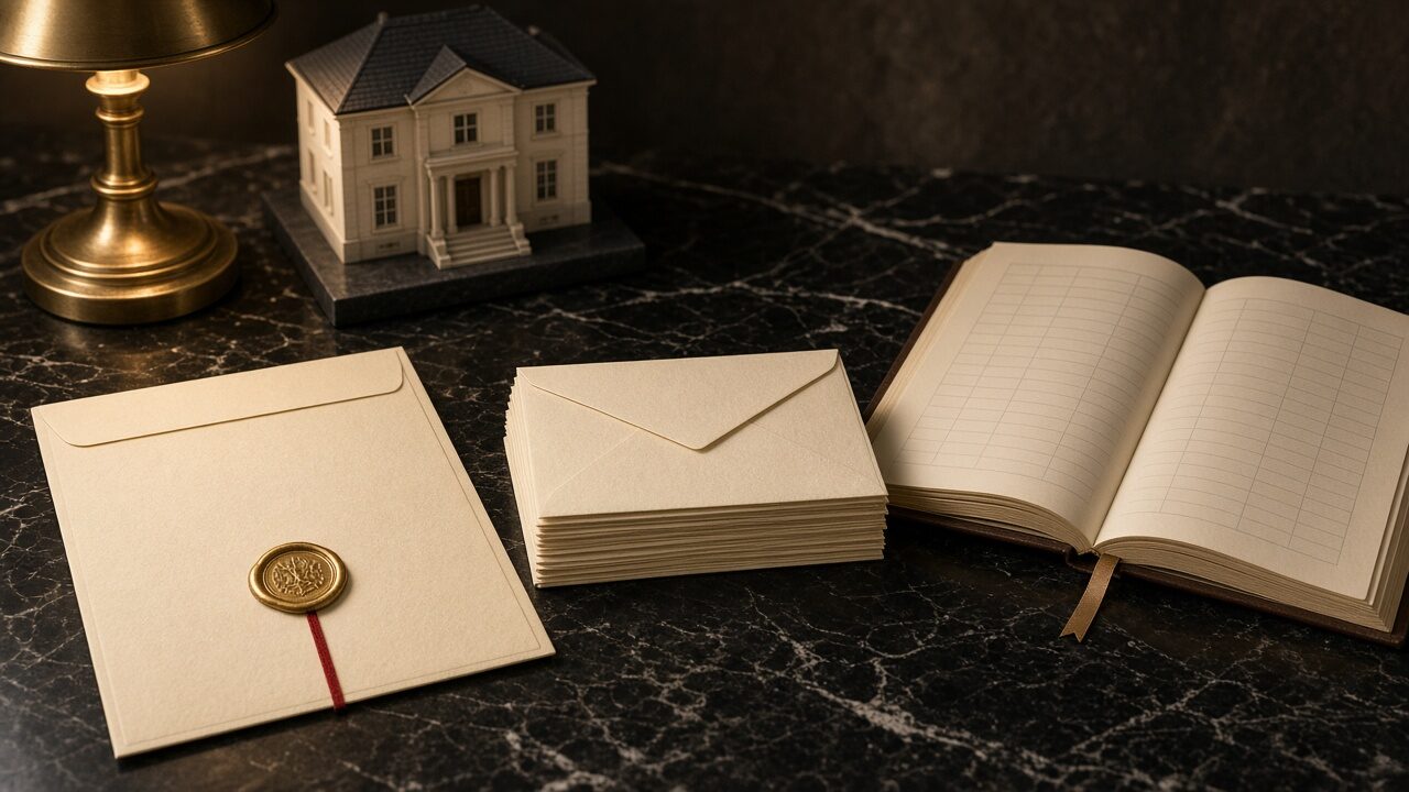 A small house model beside a wax-sealed envelope, a stack of envelopes and an open ledger