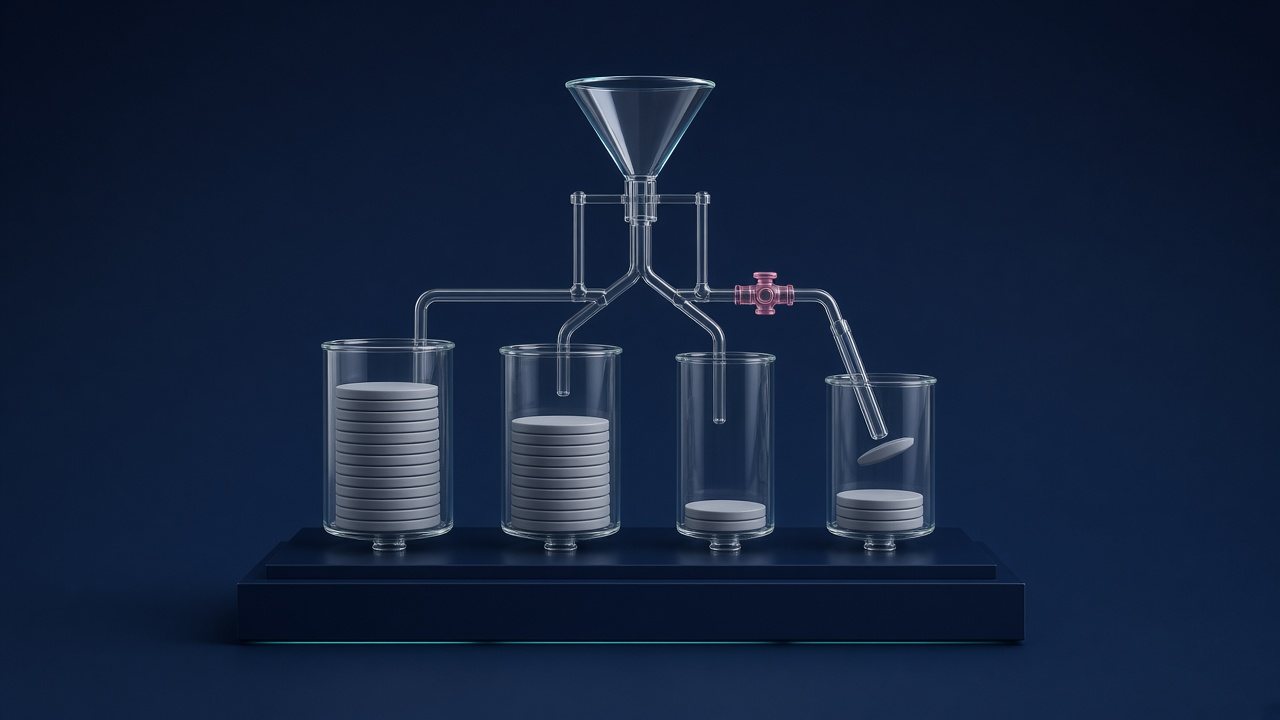 Glass funnel distributing blank discs into four glass vessels of different widths, one fed through a slower valve