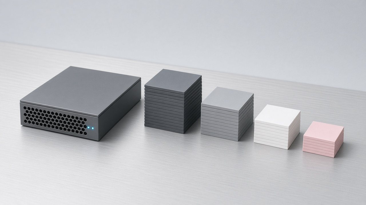 A compact server module on a steel workbench beside four piles of blank tiles of different sizes