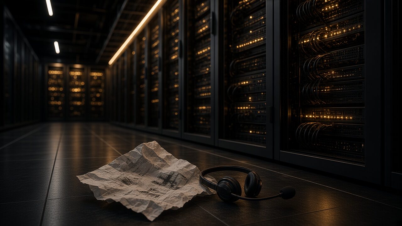 A dark data-centre aisle lined with server racks, with crumpled paper and a headset on the floor