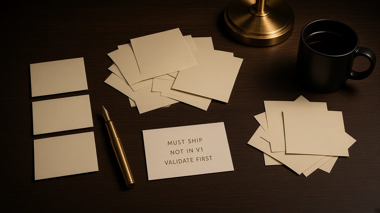 Loose cards on a dark desk, one reading must ship, not in v1, validate first, beside a pen and a mug