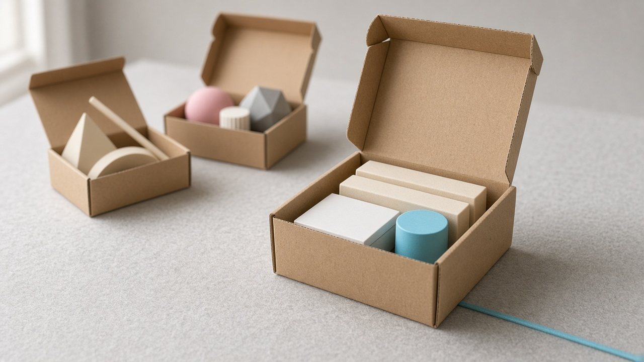 A neatly packed kraft box in front, with two loosely filled boxes of mismatched pieces set aside behind it