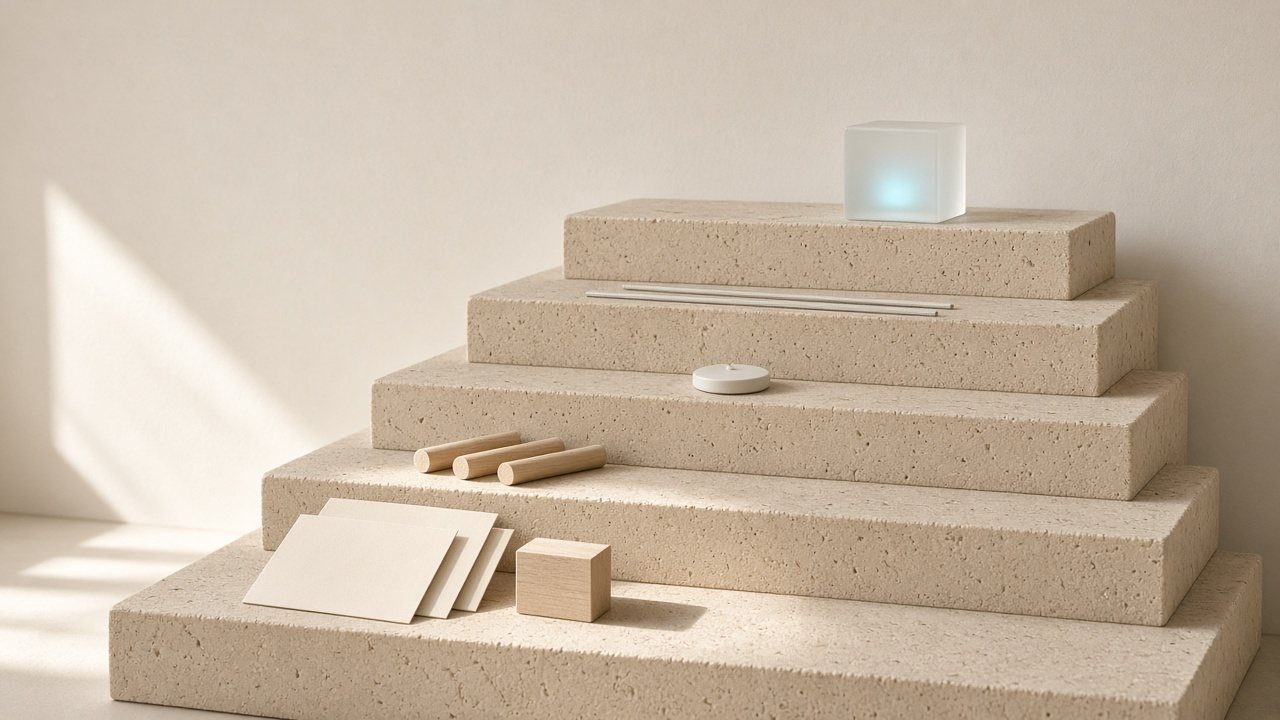 Five travertine steps in daylight, with blank cards and a wooden block on the lowest step and a small glass cube on the top step