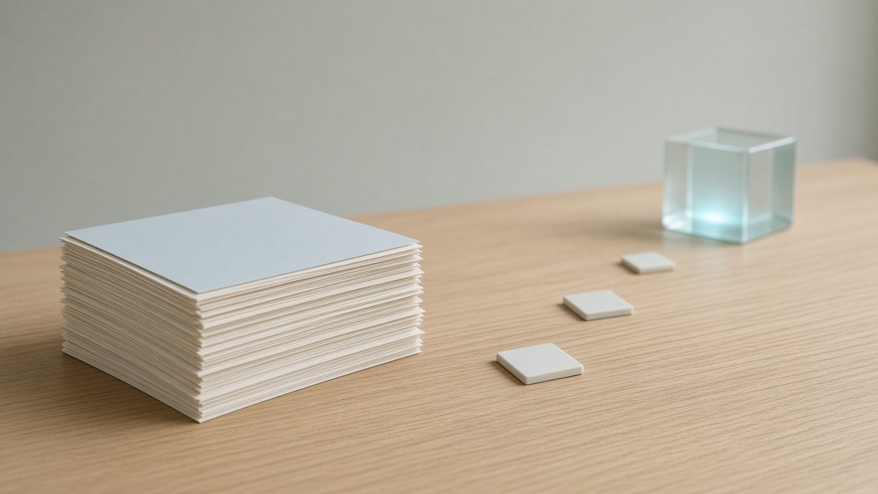 A tall stack of blank template cards in the foreground, with three small tiles leading to a glass cube in the distance