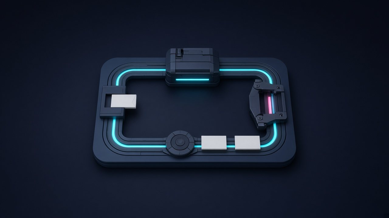 A closed-loop track with four stations: an intake taking a blank token, a lit service block, a pink clamp gate and a return switch