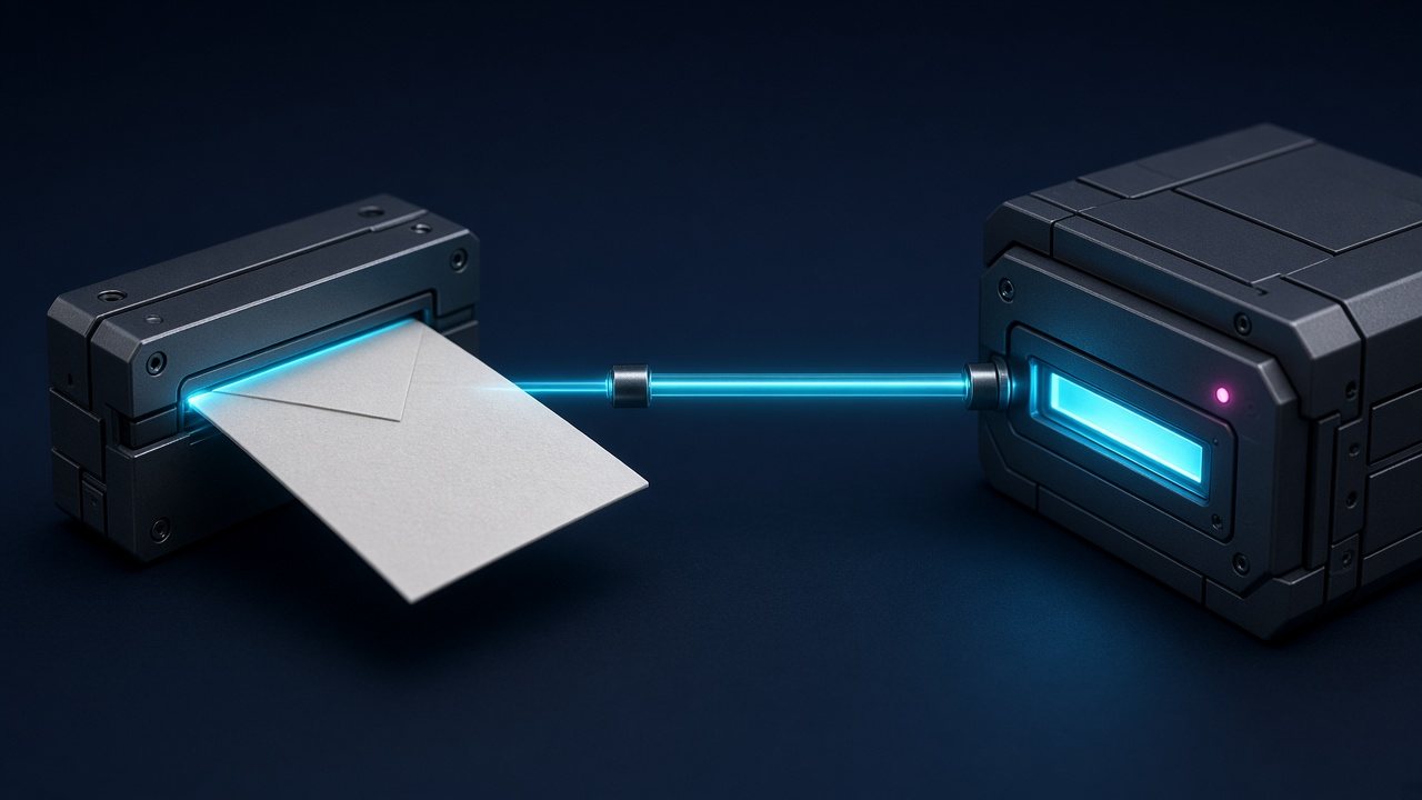 A blank envelope token entering an intake that sends a cyan pulse to light up a service block