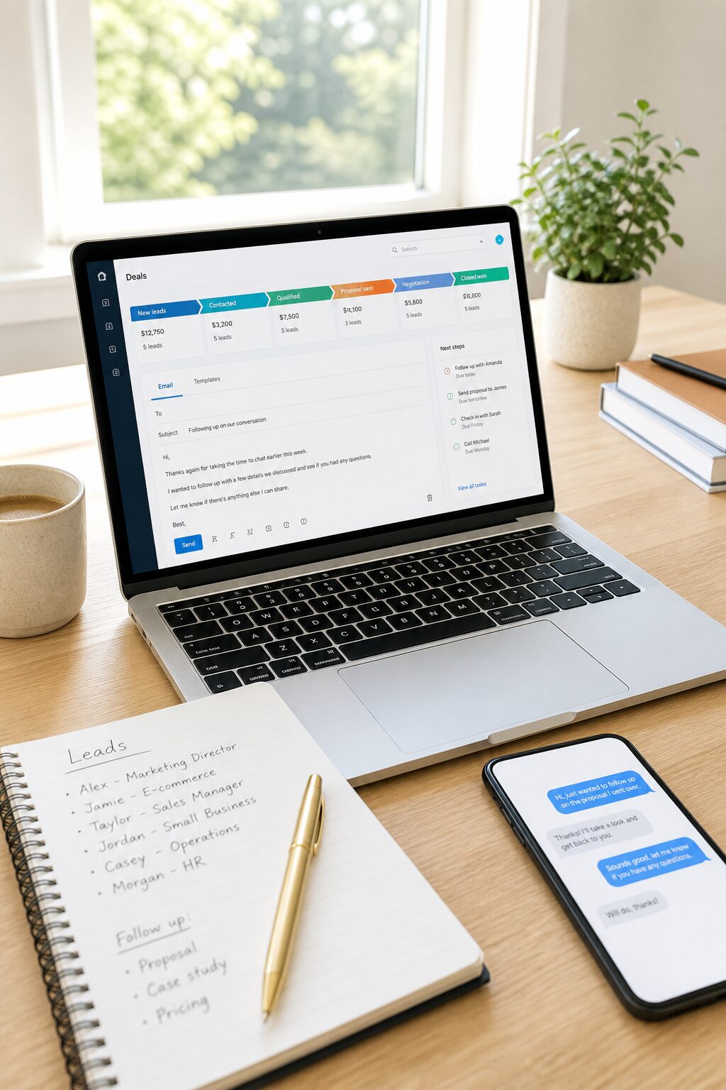Sales workspace with CRM pipeline, email follow-up, and a lead list